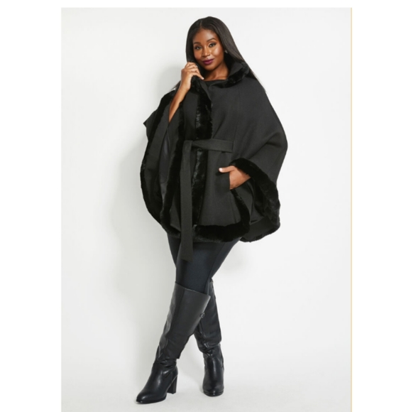 Faux fur trim belted cape - Picture 3 of 3